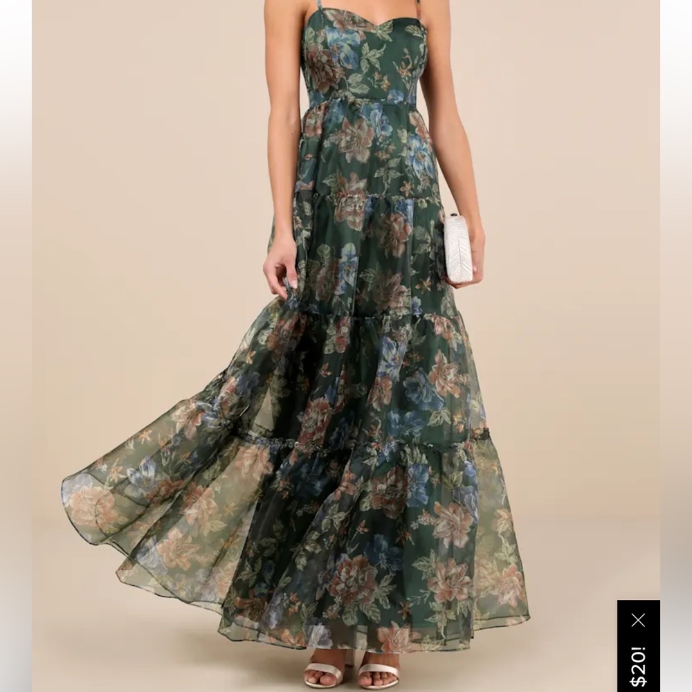 Lulus Green Organza Floral Tiered Maxi Dress